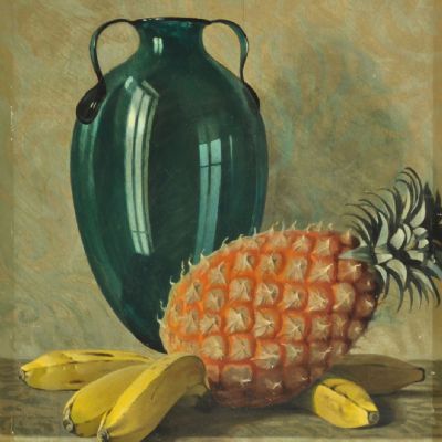 Natura morta con vaso di vetro verde,  ananas e banane  1929
